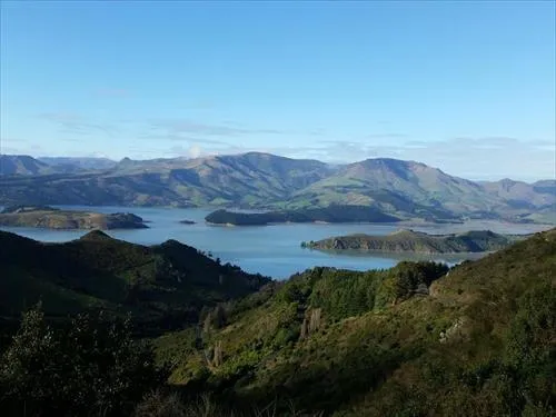 サインオブキウイから見える青い色の島が浮かぶリトルトンハーバーの景色
