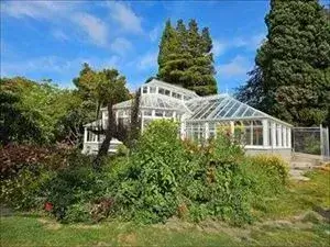 クライストチャーチのモナベイル庭園にあるガラス温室（Botanic Glasshouse）、木々に囲まれ、青空が広がる様子